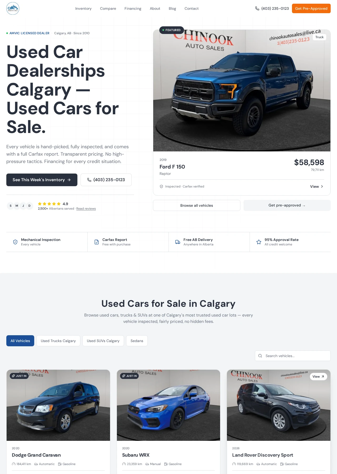 Desktop homepage designed and built for Chinook Auto Sales
