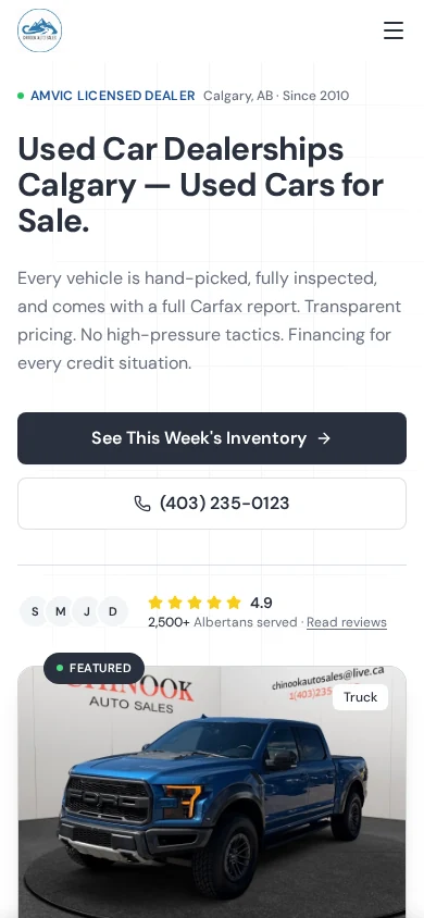 Mobile homepage designed and built for Chinook Auto Sales